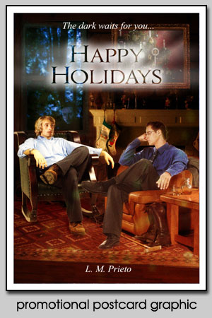 After Dark Happy Holidays promotional postcard graphic for L.M. Prieto
